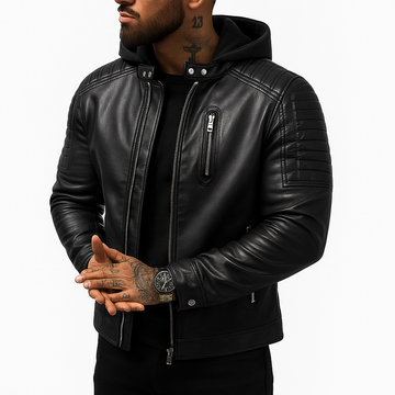 Men's Faux Leather Hooded Jacket-Black (Size XL)